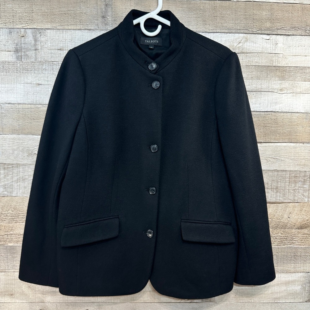 Talbots Women Black Wool Blend Easy Knit Mock Neck Jacket Blazer Size 14